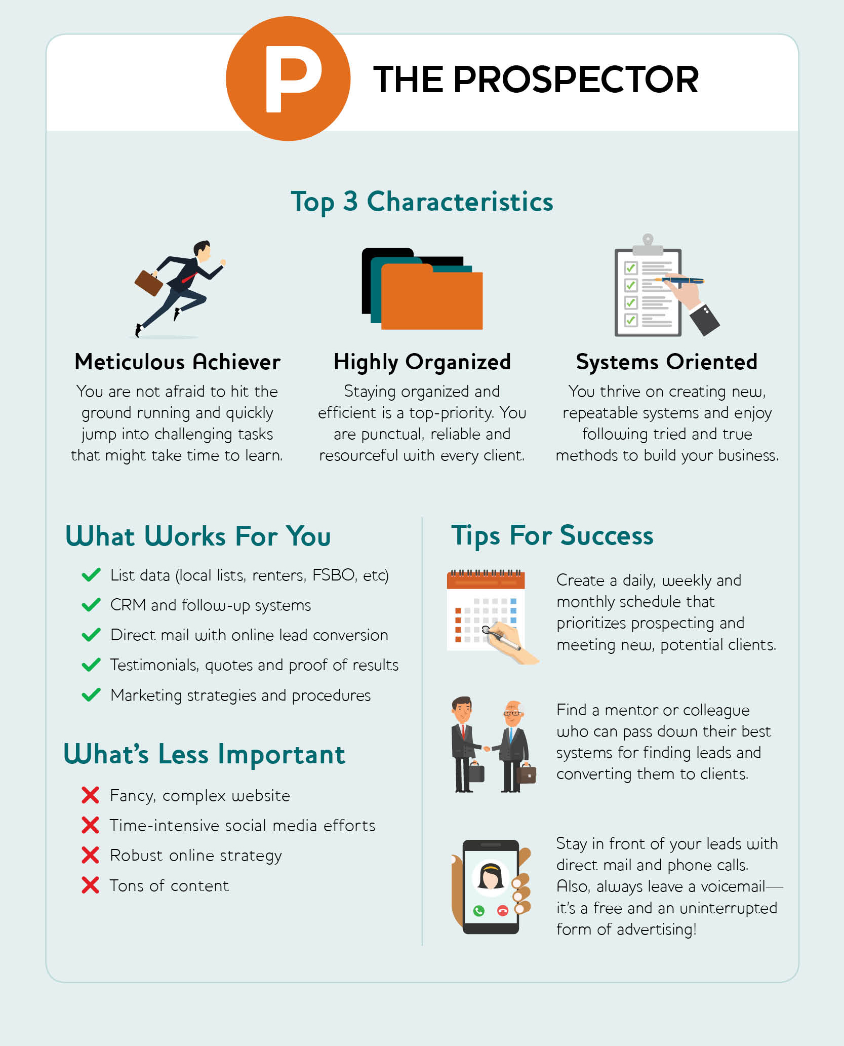 infographic: the prospector - top 3 characteristics, what works best, tips for success